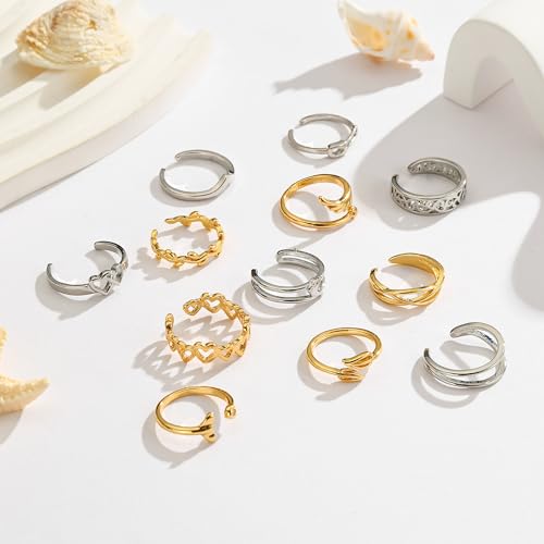 Silver and Gold Plated Adjustable Toe Ring Set for Women (12 PCS)